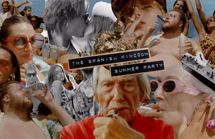 Collage of party scenes with people drinking, smoking, and kissing, set against a background of a cruise ship and sea.