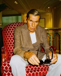 An elderly man in a houndstooth blazer seated in a red patterned armchair holding sunglasses.