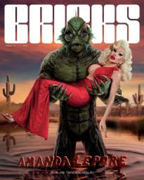 Monster holding a blonde woman in a red dress standing in a desert lake at sunset, captured by photographer Celine Van Heel.