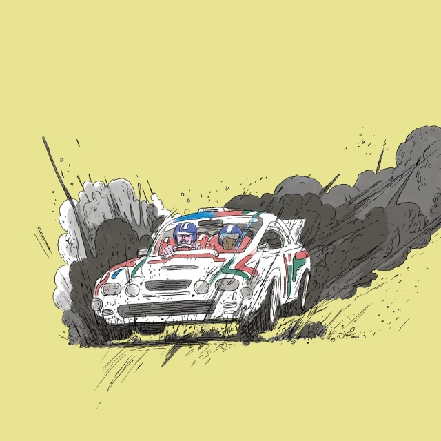 Illustration of a rally car racing, with two people inside wearing helmets. The background is yellow with black smoke trails.