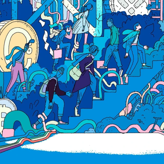 Illustration of a group of people walking up and down stairs with financial and tech icons in the background in a blue colour scheme.