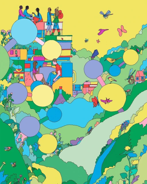 Illustration of people in a colorful landscape with a teal lake, whimsical houses, and yellow sky, creating a cheerful and playful scene.