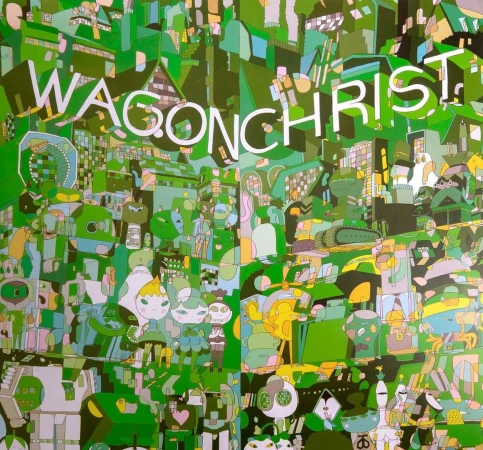 Abstract vector illustration with green color palette features robots, buildings, and military vehicles over a patterned backdrop.