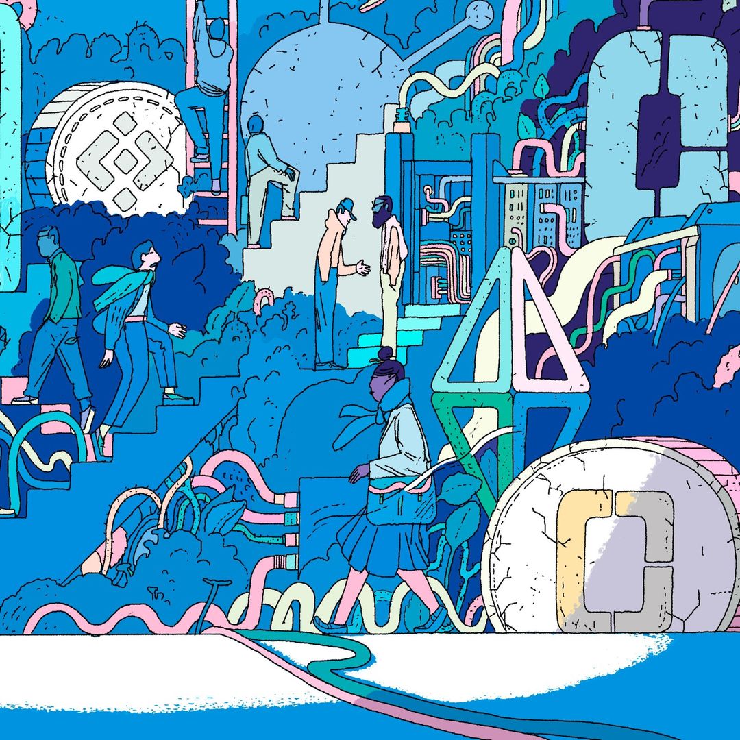 Illustration of several people on different levels with stairs, paths, and abstract objects in a modern, flat vector style.