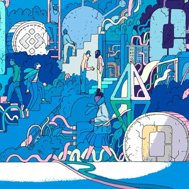 Illustration of several people on different levels with stairs, paths, and abstract objects in a modern, flat vector style.