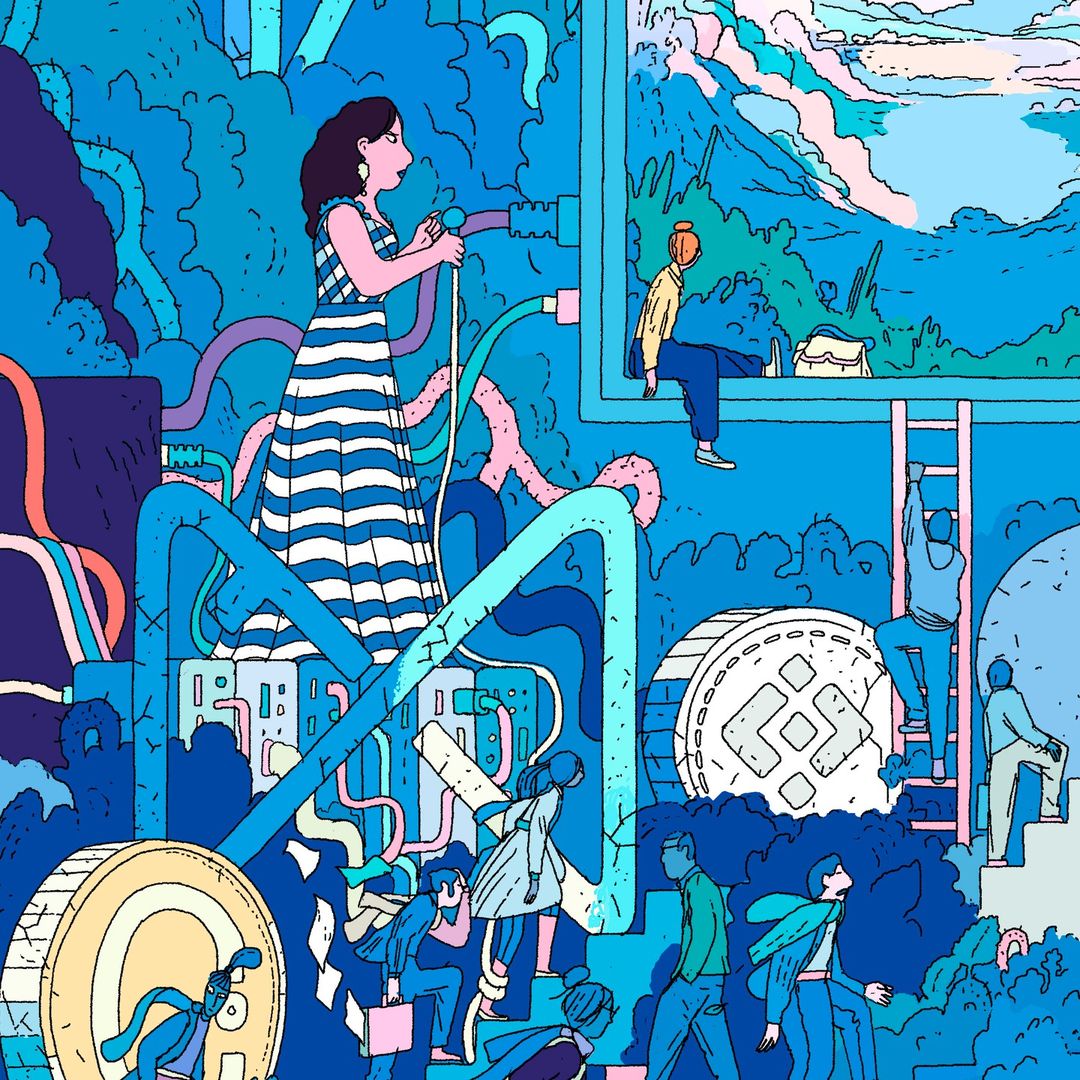 Illustration of a woman speaking into a microphone amidst an elaborate, fantastical cityscape filled with people and structures.