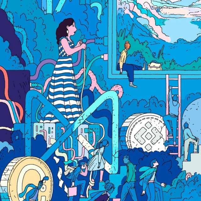 Illustration of a woman speaking into a microphone amidst an elaborate, fantastical cityscape filled with people and structures.