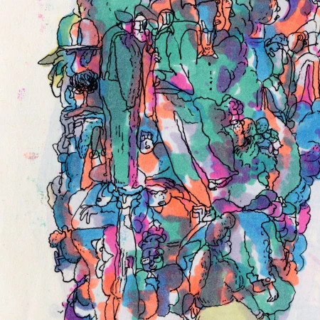 Artwork of a crowd of people drawn in an illustrative style with colorful accents, creating a vibrant and engaging visual experience.