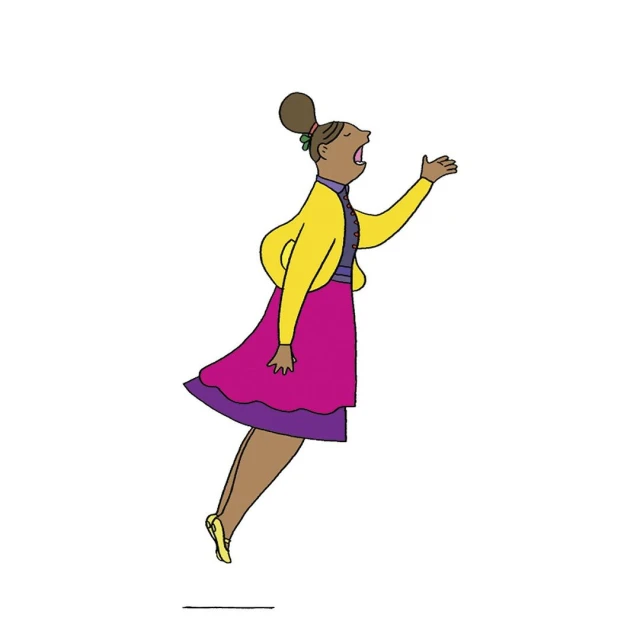 Illustration of a cheerful woman singing and jumping, wearing a yellow sweater, pink skirt, and tan skin on a white background.