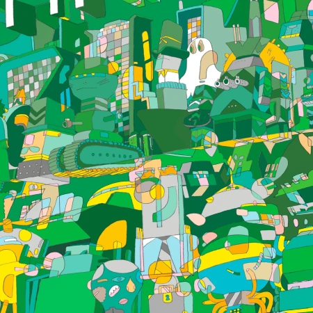 Vibrant illustration of a cityscape with whimsical vehicles, quirky characters, and modern architecture in an animation style.