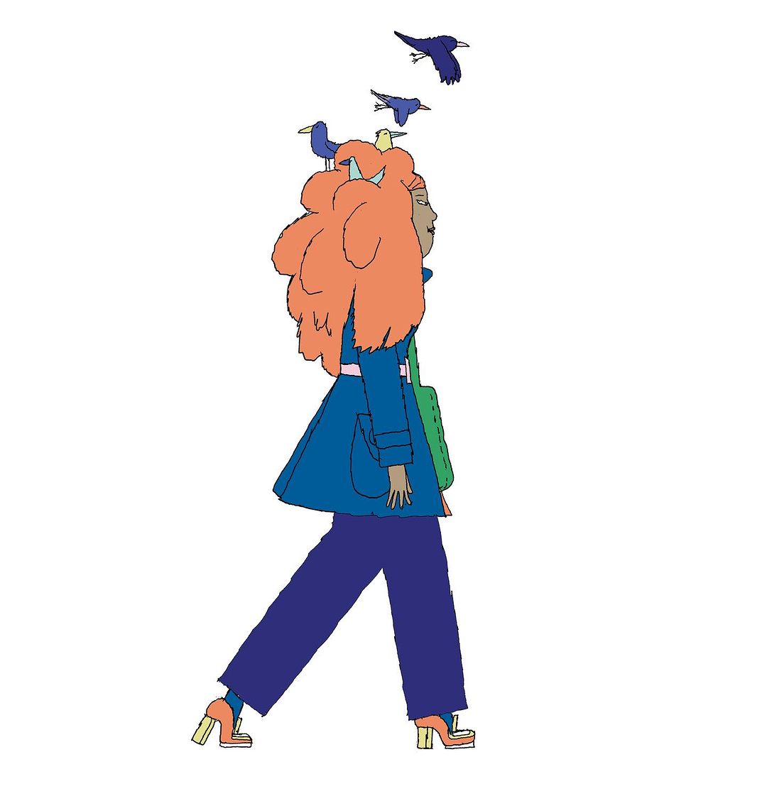 Illustration of a woman with red hair walking with birds on her head, wearing a blue coat and pants with a green bag. 