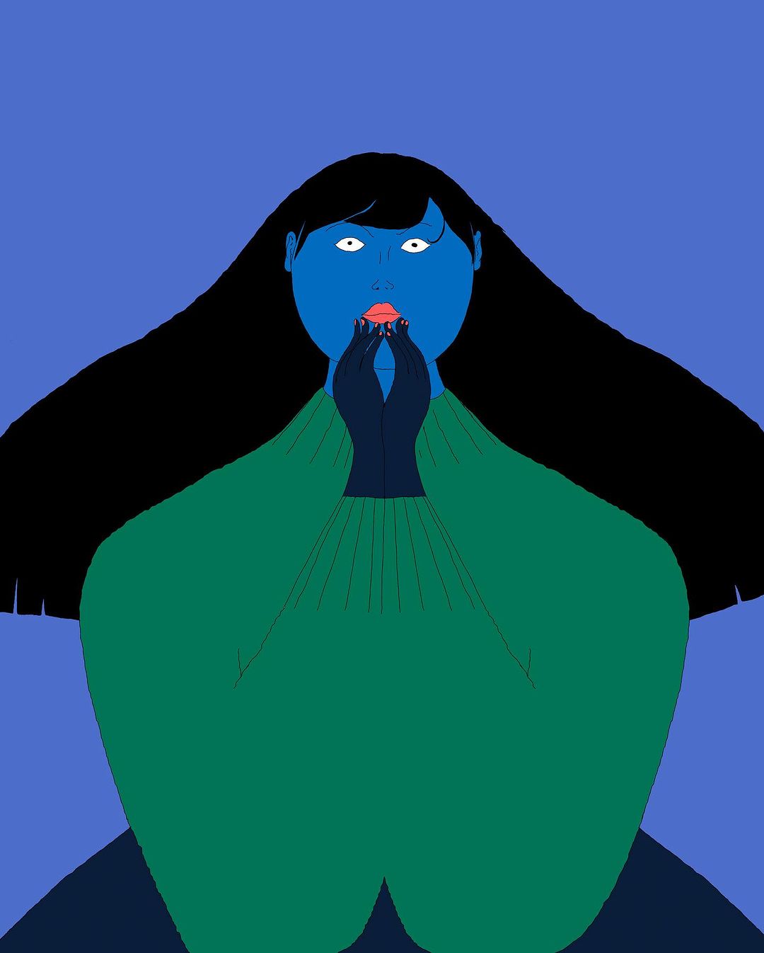 Stylized illustration of a blue-skinned woman with long black hair, wearing a green top, holding hands up to her face against a blue background.