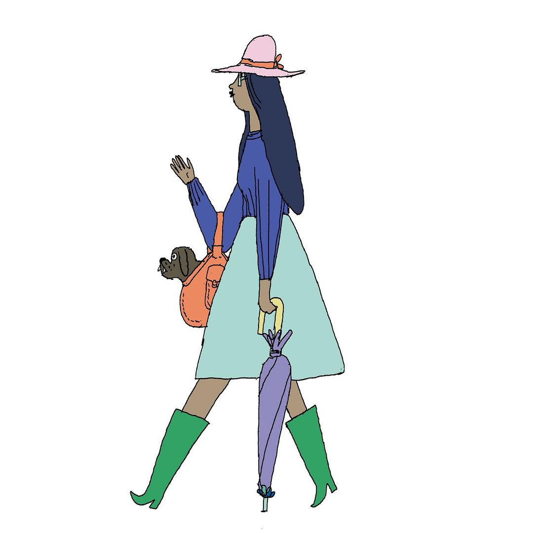 Illustration of a woman in a hat walking with a dog in a carrier and holding an umbrella against a white background.