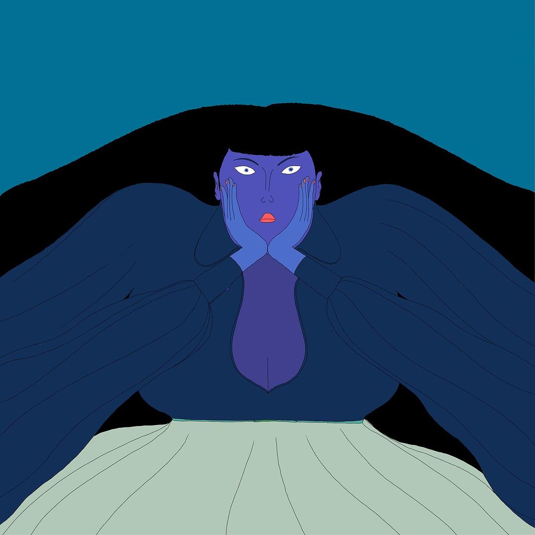 Illustration of a blue-skinned woman with long black hair, wearing a blue top and light green skirt, posing against a dark teal background.