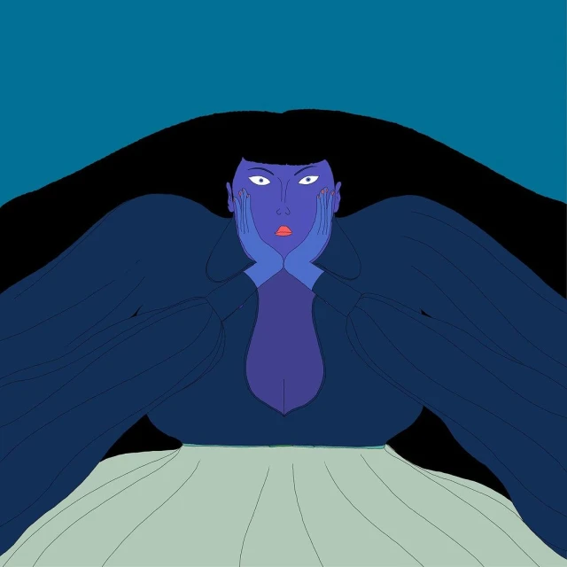 Illustration of a blue-skinned woman with long black hair, wearing a blue top and light green skirt, posing against a dark teal background.