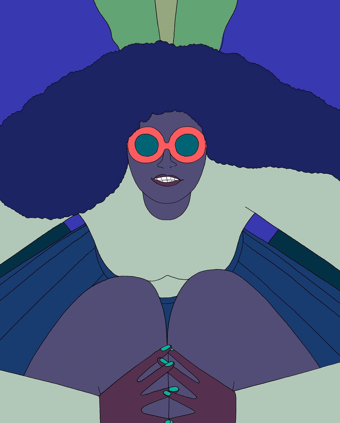 Illustration of a woman with large, dark curly hair, coral glasses, and teal nails, with a light green and blue color palette.