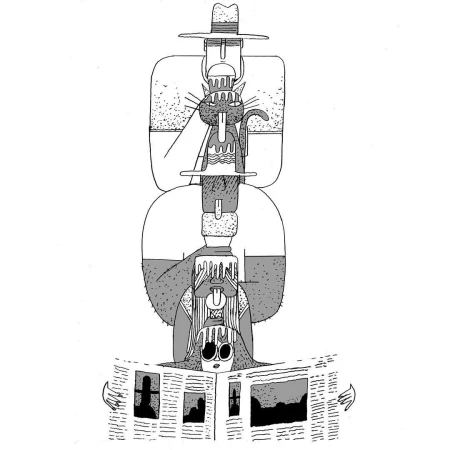 Stylized illustration of a stacked formation of a man with a hat, a cat, a man, and a woman reading a newspaper in black and white.