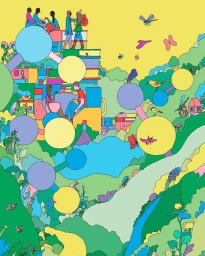 Colorful vector illustration by Celyn showing people interacting in a stacked landscape with blue and yellow molecular nodes and flying insects.