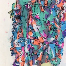 Colorful illustration of densely packed abstract figures with black ink outlines by Celyn