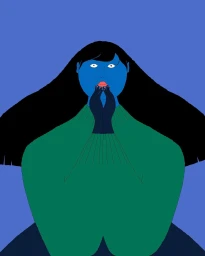 Digital illustration of a person with long black hair wearing a green sweater against a solid blue background
