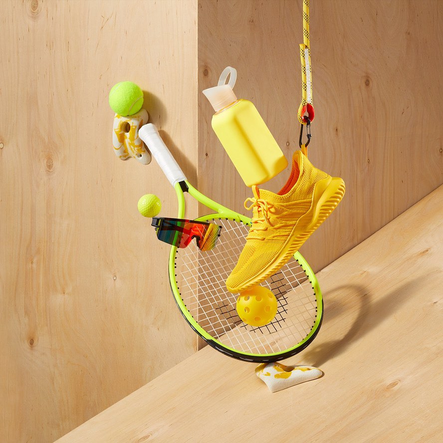 Still life of yellow athletic shoe, tennis racket, sport bottle, and tennis ball. Studio shot of sports and fitness accessories.