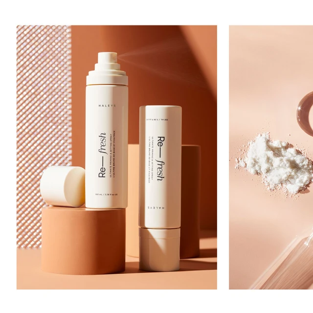 Haley's Re-fresh setting spray and powder, shown with neutral tones, studio lighting, and product close-up for beauty product display.