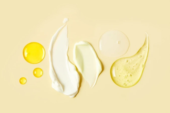 Cosmetic products including oil and creams displayed with various textures against a light yellow background in a flat lay composition.