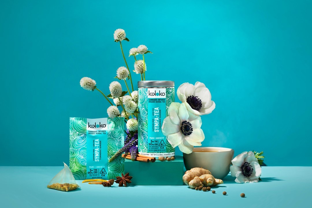 Product shot of Kikloko Sympa-Tea, featuring package, tin, cup with tea, flowers, and spices against a turquoise background.