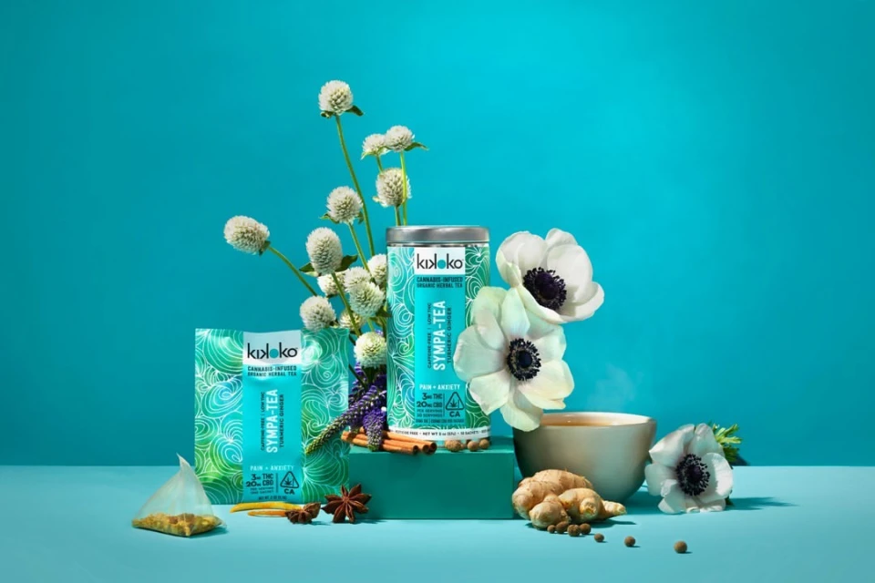 Product shot of Kikloko Sympa-Tea, featuring package, tin, cup with tea, flowers, and spices against a turquoise background.