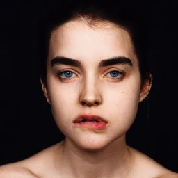 Close-up portrait of a young woman with blue eyes biting her lower lip against a black background by Chadwick Tyler