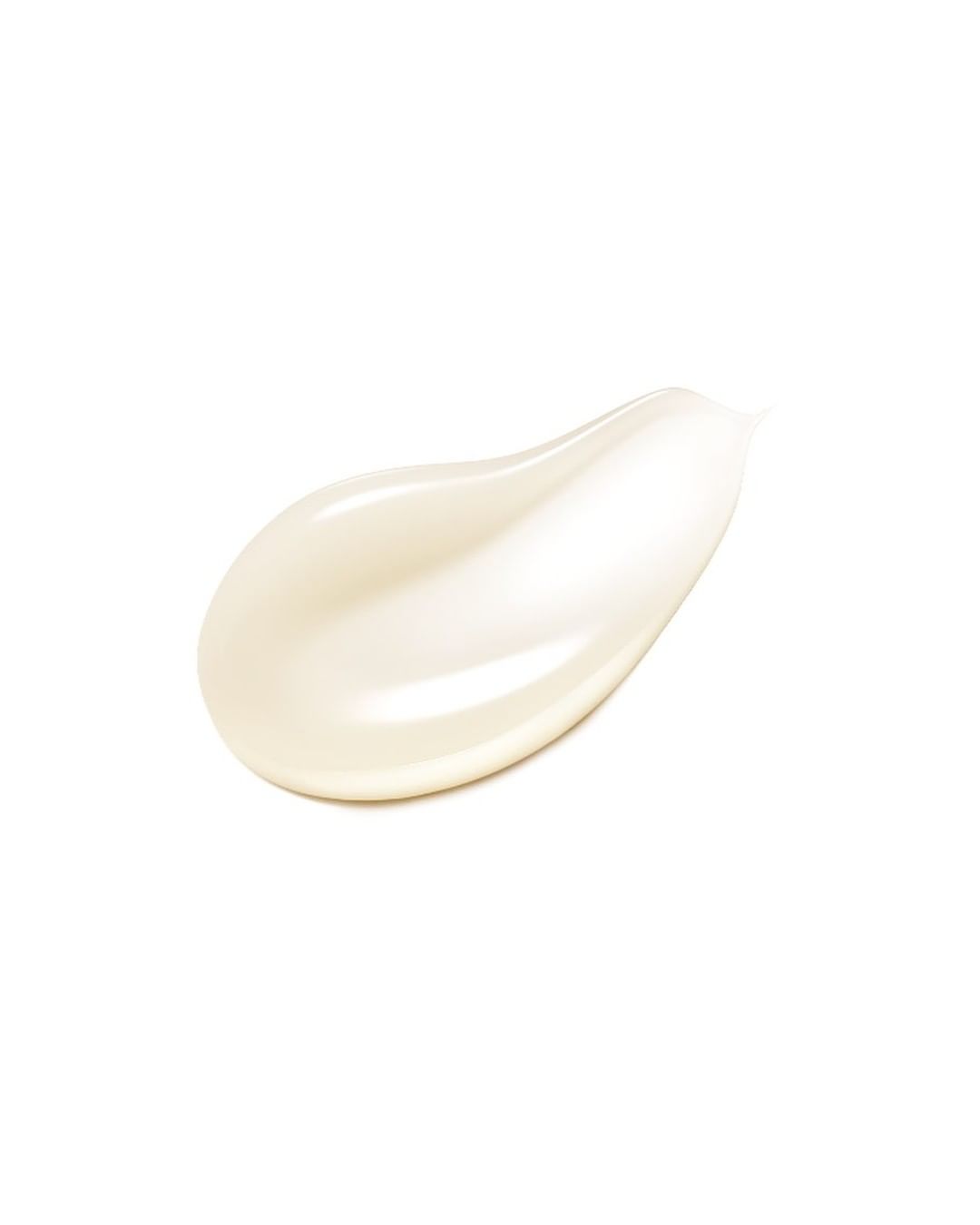 Close-up of a light beige cream smear with a glossy texture on a white background, showing product consistency.