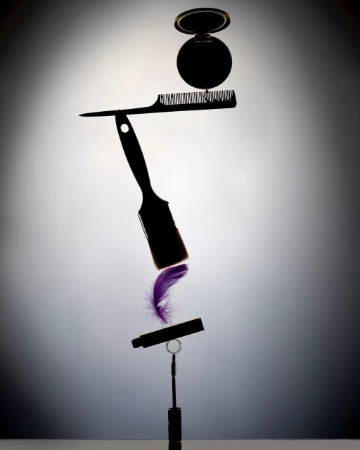 Makeup and hair accessories, including a comb, compact, mascara, and feather, balanced in a vertical stack against a soft gradient background.