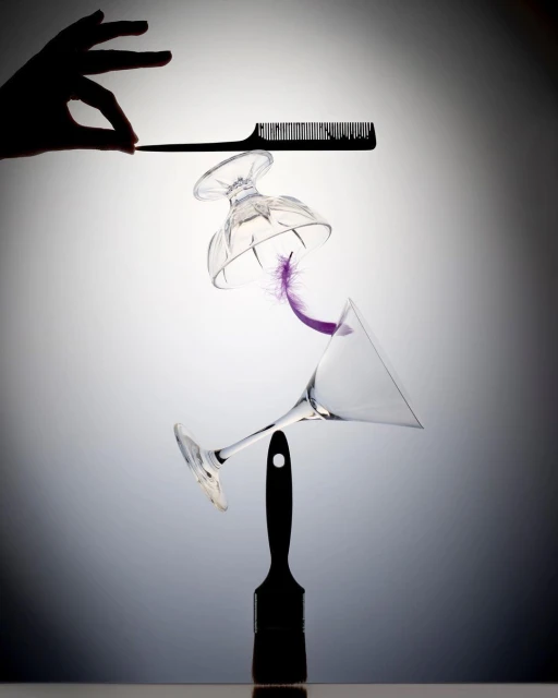 Abstract still life composition featuring a hand, comb, glasses, purple feather, and paintbrush against a gradient background.