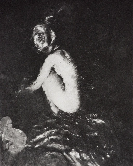 Monochromatic art photograph of an individual in water, depicted in a kneeling position with lily pads in the lower left corner.