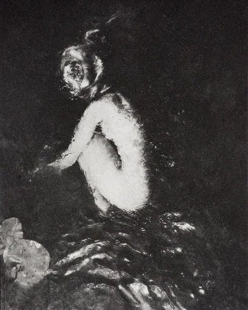 Monochromatic art photograph of an individual in water, depicted in a kneeling position with lily pads in the lower left corner.