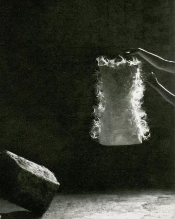 Monochrome photograph by Chantal Elisabeth Ariens showing hands holding a glowing feathered garment against a dark textured background.