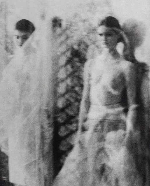 Two women in blurred black and white fashion portrait. One faces forward, the other is covered in white translucent material.