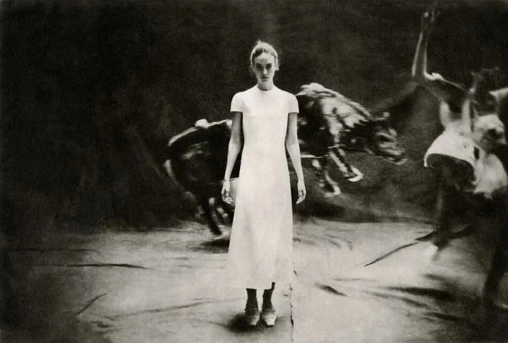 A surreal, slightly blurred fine art photography image of a standing female fashion model in front of dancers in motion and a wild boar.