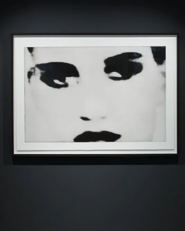 Close-up black and white photo of a framed face in grayscale with dark eyes and lips, hanging on a dark grey wall, museum art exhibit.