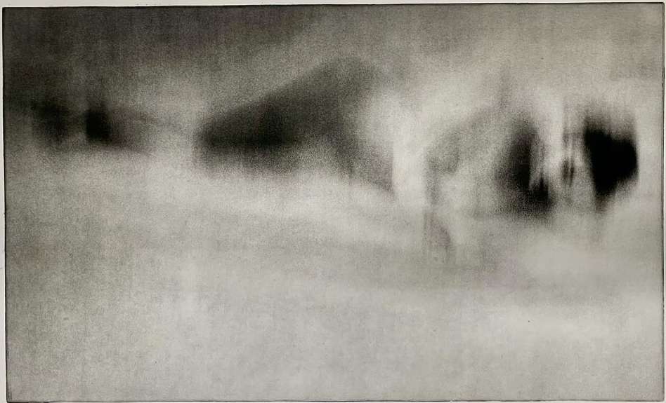 Monochromatic art image featuring blurred figures standing against a hazy background, creating an atmospheric abstract effect.