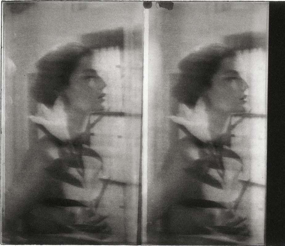 Monochromatic image featuring a woman in profile with an elaborate collar, duplicated for a layered effect, creating a vintage or artistic feel.