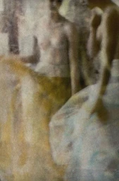 Grainy photographic portrait of multiple figures with soft focus and muted gold and grey tones by Chantal Elisabeth Ariens