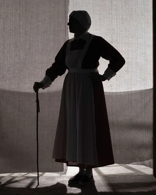 Silhouette of an adult woman in vintage clothing holding a cane, standing in front of a textured gray backdrop with light shining through.
