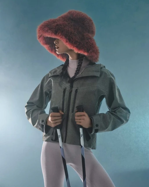 Studio shot of an adult female wearing a gray jacket, fur hat, and holding ski poles against a blue gradient background, posing fashionably.