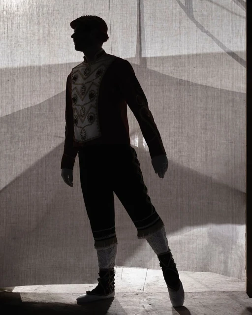 A silhouette of a single ballet dancer in an ornate costume on a stage standing in front of a textile backdrop.