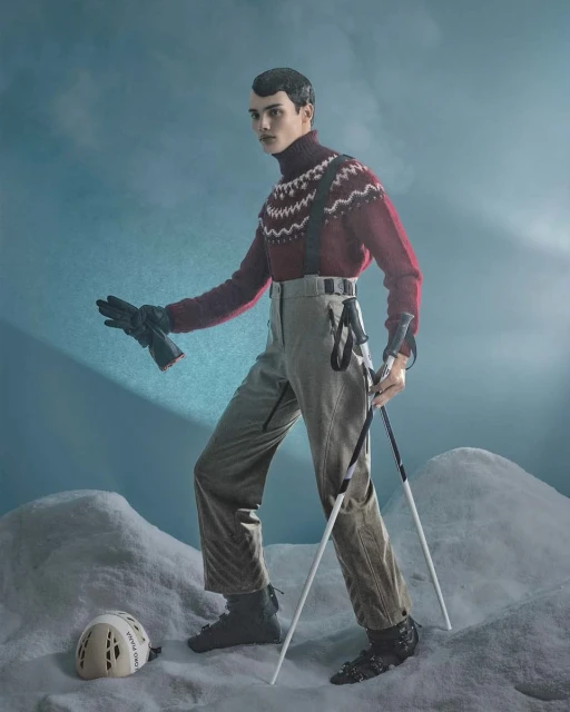Man in turtleneck sweater and ski pants poses with ski poles against blue background with snow, wearing gloves and boots.