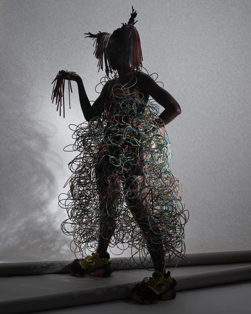 A person stands in a studio wearing a dress made of colorful wires, with matching hair and shoes, against a graduated gray backdrop.