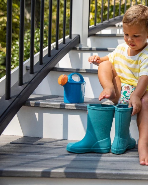 Toddler sitting on outdoor stairs wearing yellow shirt and no shoes, with blue rubber boots and a blue pail.
