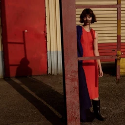 Model in red sleeveless dress and black boots standing near a red industrial door, photographed by Charlie De Keersmaecker.