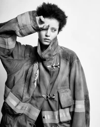 Model with dark spiky hair wearing a heavy firefighter style jacket with reflective stripes, photographed in Paris by Charlie De Keersmaecker.